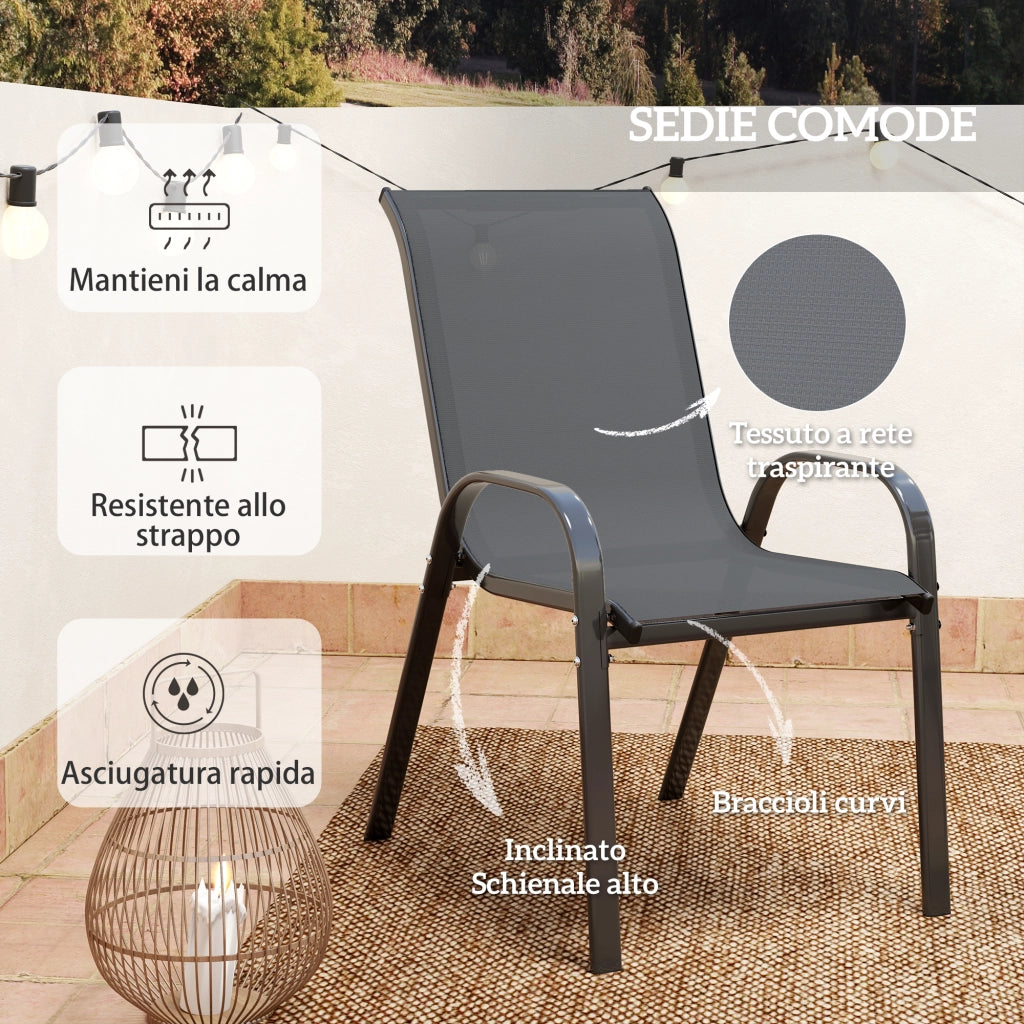 Set 3 Pezzi da Giardino 2 Sedie da Giardino 54x71x93 cm e Tavolino Rotondo Ø60x71 cm in Acciaio Grigio Scuro