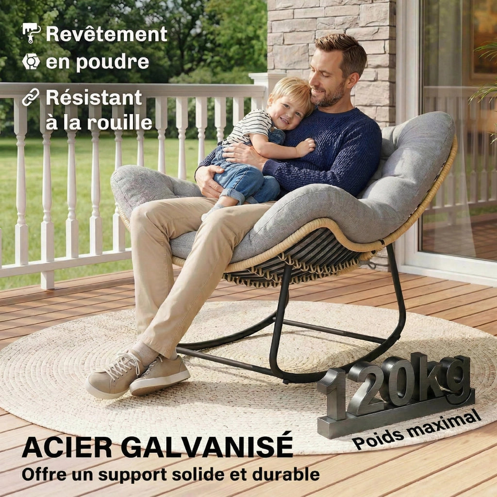 Poltrona a dondolo in resina intrecciata ¨C zephmum ¨C con cuscino, grigio