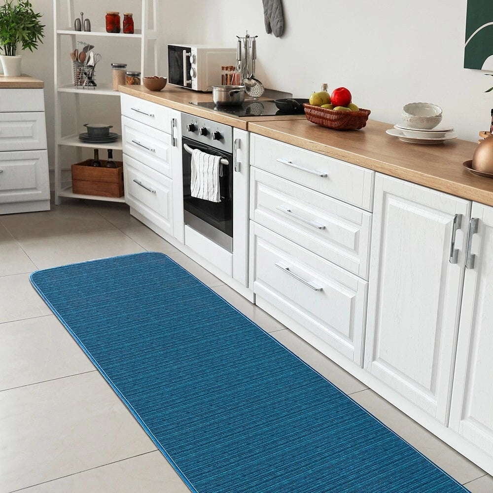Tappeto Cucina Tinta Unita Striato 54x40 Cm Bordato Assorbente Passatoia Casa Antiscivolo Blu