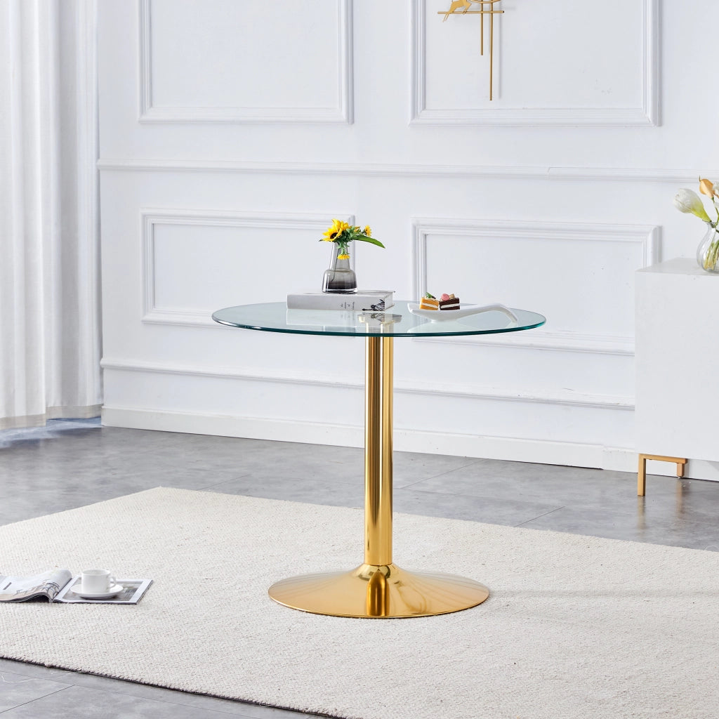 Tavolo da bar in vetro temperato e metallo con base rotonda dorata, per soggiorno e caffè, 85 × 76 cm