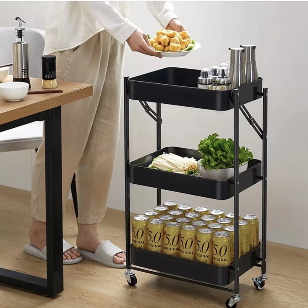 Carrello cucina Slim Pieghevole 3 Ripiani Metallo Trolley Servizio 4 Ruote Nero