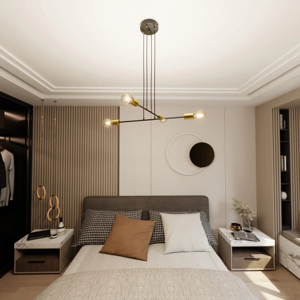 Lampadario Industrial 4 Luci Benzaiten A Bracci In Acciaio Nero E Oro