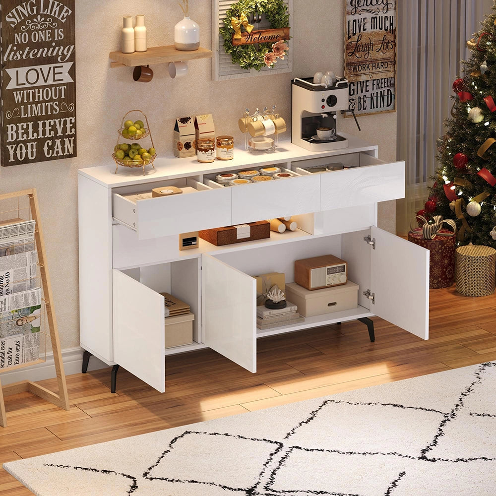 Credenza Soggiorno 140x30x94cm - Xylo - Lucida con 3 Cassetti e Luci LED, Colore Bianco