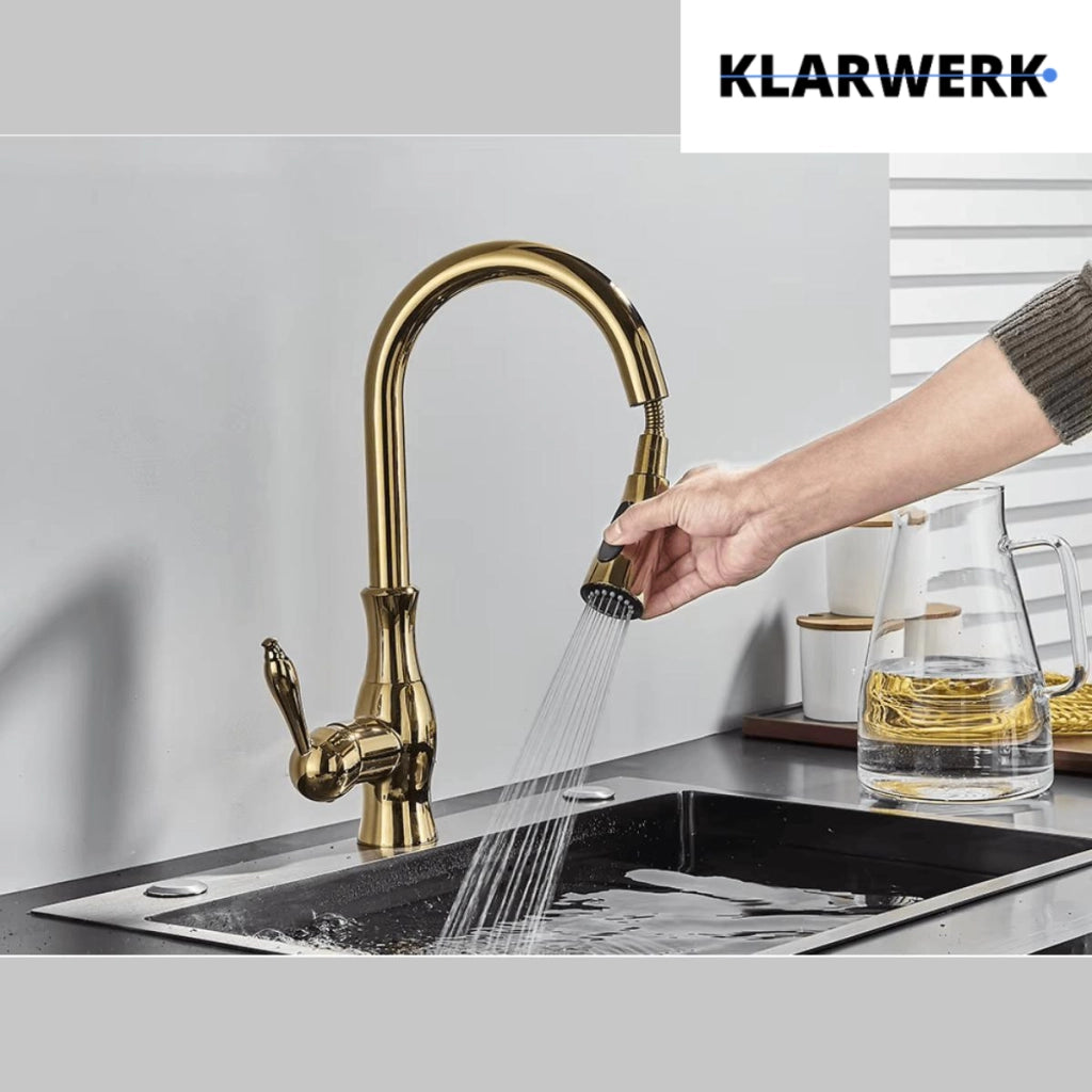 NAVIS | Elegante rubinetto cucina estraibile in acciaio inox dorato, arco alto, miscelatore di lusso, alta pressione, 360°, 2 attacchi