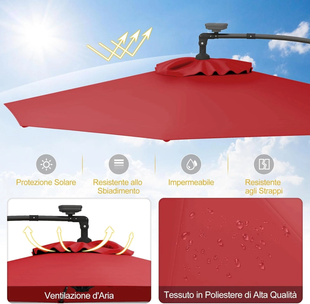 Ombrellone da Giardino ∅300 cm con 32 Luci LED, Ombrellone Prendisole con Rotazione di 360°, Inclinazione Regolabile, 8 Stecche, Manovella, per Giardino Piscina Cortile (Borgogna)