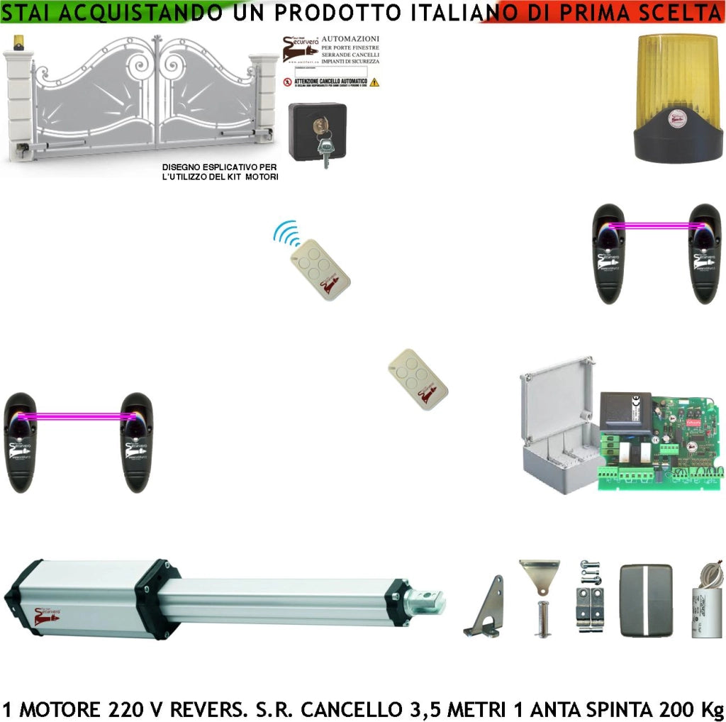 Cancello Elettrico 3,5 Metri Kit Automatismo 1 Motore Elettromeccanico 230 V Stelo Retrattile Reversibile Corsa 600 mm Spinta 250 Kg Centrale 2 Coppie Fotocellule 2 Radiocomandi Faro Selettore