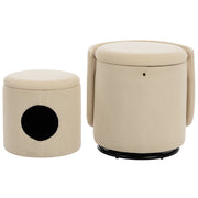 Poltrona girevole 360° con contenitore e pouf per toeletta e sala da pranzo in velluto a coste beige 53×50×47 cm