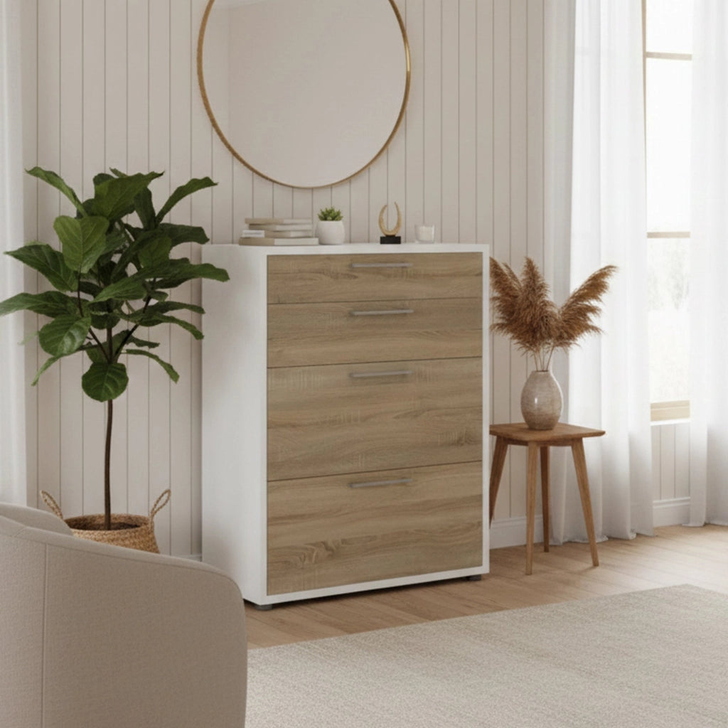 Credenza Anghiari, Buffet da soggiorno, Madia da salotto, Dispensa da cucina, 89x40 h113 cm, Bianco e Quercia