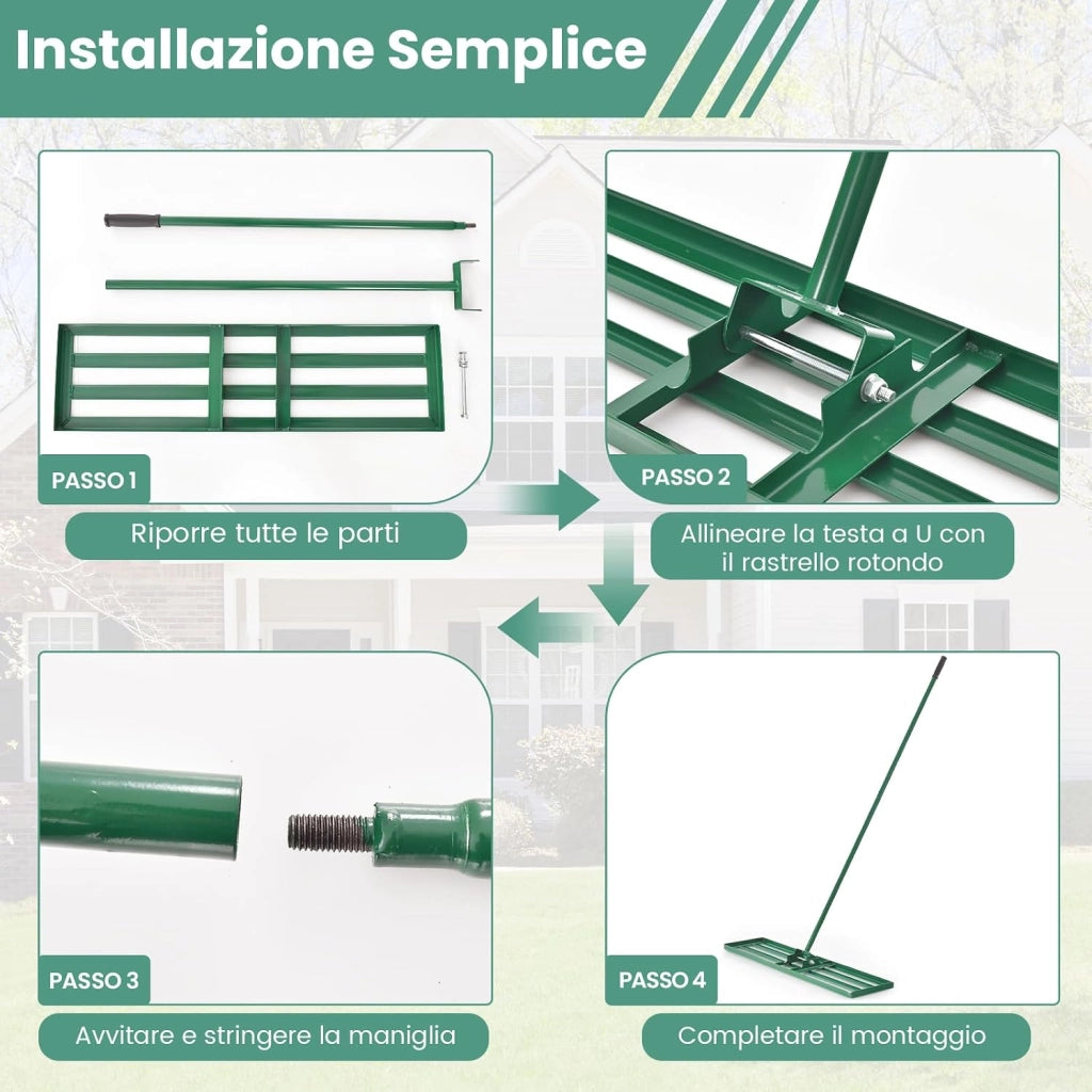 Rastrello Livellatore per Prato, Attrezzo per la Livellatura del Prato con Manico Ergonomico, Livellatrice per Giardino, Cortile, Campo da Golf, Fattoria e Pascolo (Verde 91 x 25 cm)