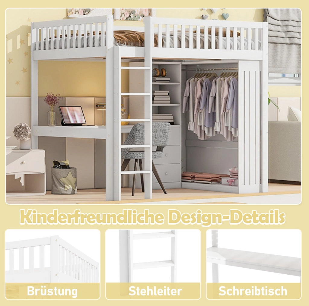 Letto a soppalco 140x200 cm con scrivania; armadio; 3 cassetti e scala; bianco
