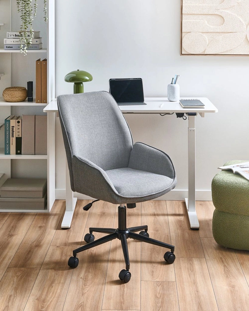 Sedia da ufficio grigio scuro con rivestimento in finto lino, girevole, poltroncina da salotto, con regolazione dell'altezza del sedile