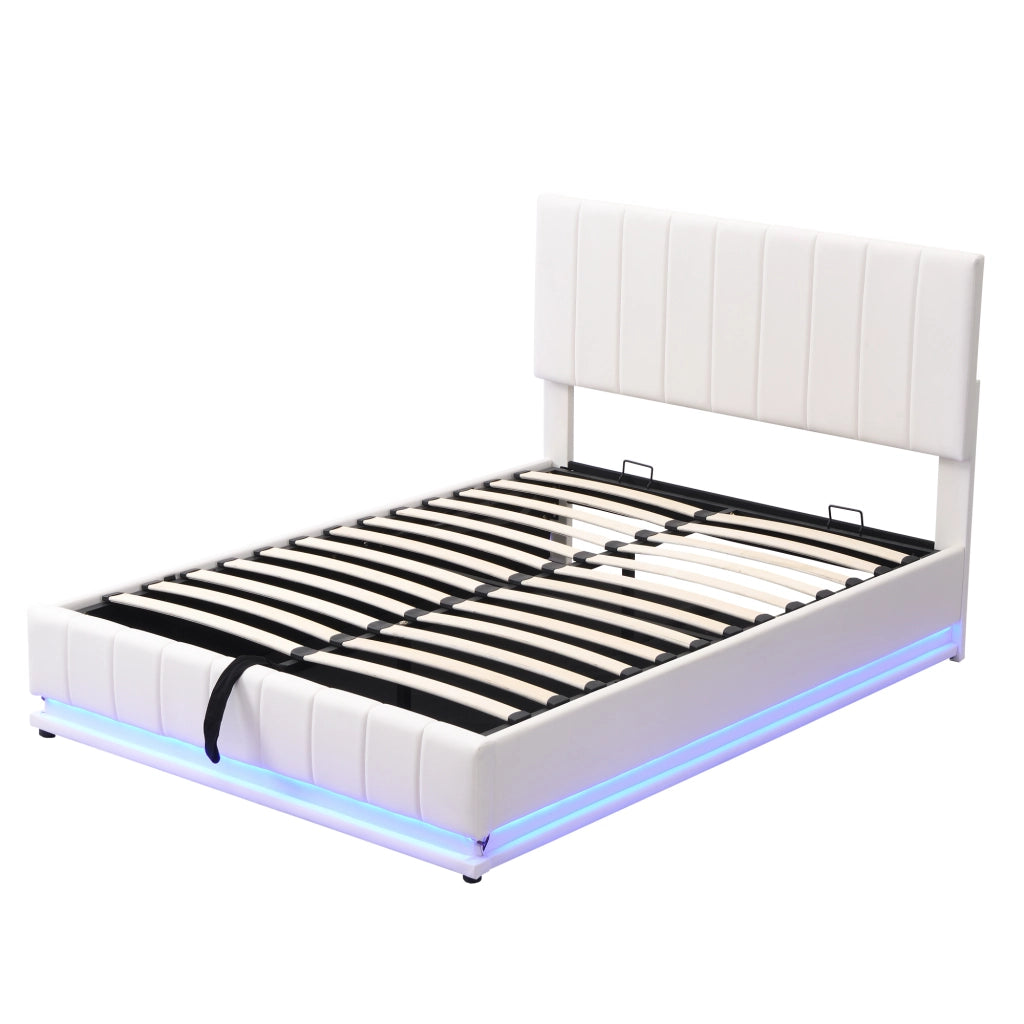 Letto Imbottito Contenitore 140x200 ¨C MINIMAL ¨C Bianco, LED, Testiera Regolabile, Idraulico