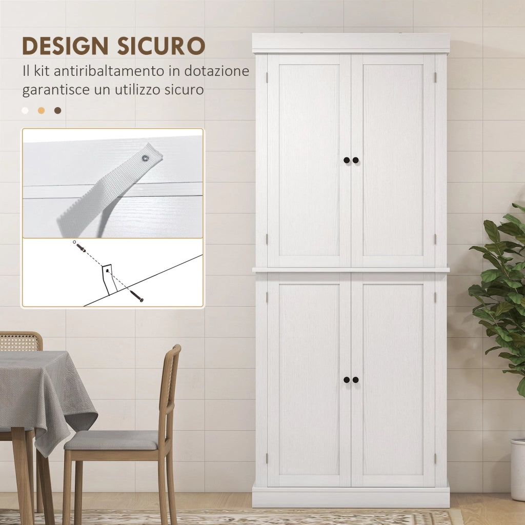 Credenza Mobile Alto Cucina 4 Ante e 6 Ripiani 76x40,5x184 cm in Legno Bianco