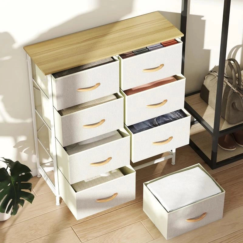 CASSETTIERA 8 CASSETTI PIEGHEVOLI CON 4 TASCHE E 2 GANCI, IN LEGNO, ACCIAIO E TESSUTO, 86X30X94.5 CM
