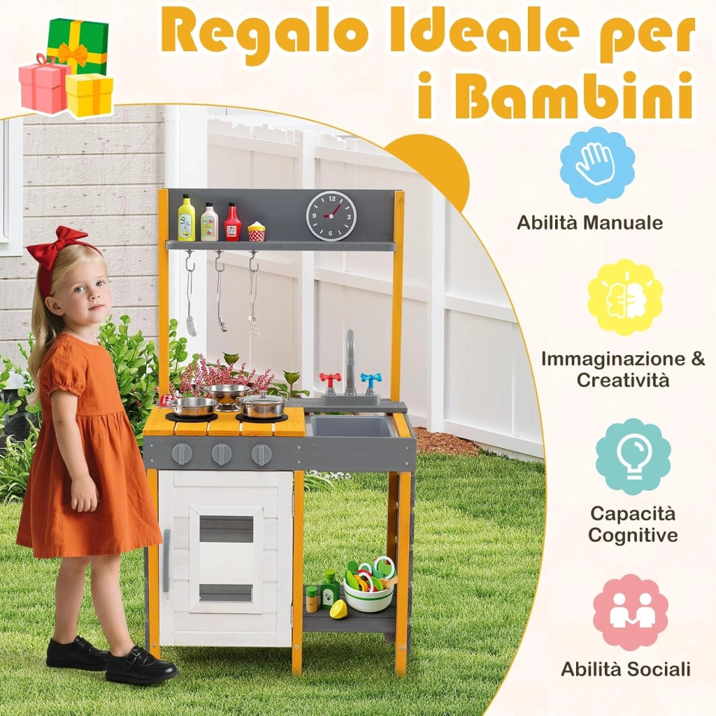 Cucina Giocattolo in Legno, Cucina per Bambini all'Aperto con Fornelli, Lavabo Rimovibile, Rubinetto, Forno, Ganci Appesi e Mensole Portaoggetti, Set di Gioco in Legno per Bambini 3+ Anni