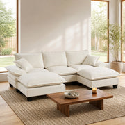 Divano angolare modulare Cloud con ottomane rimovibili e cuscini, in Chenille, Beige 263 × 151 × 90 cm