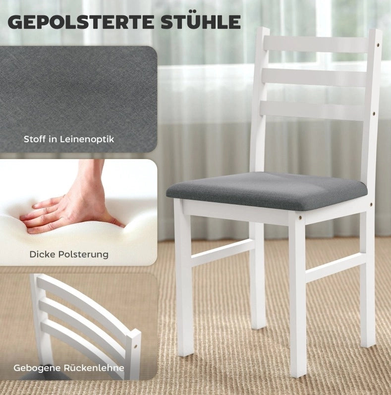 Set da pranzo 3 pezzi con tavolo in MDF bianco e 2 sedie imbottite per spazi compatti