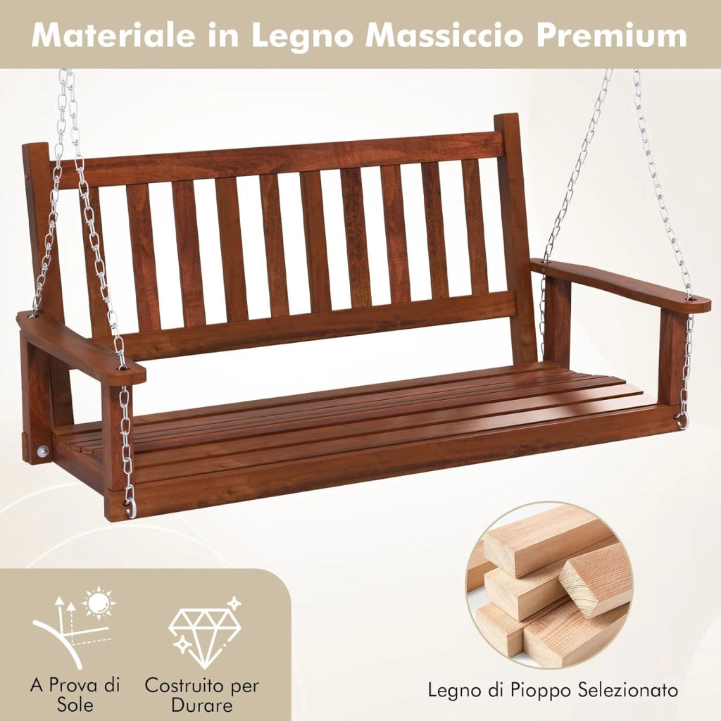 Altalena da Giardino in Legno per 2 Persone, Panchina Sospese in Legno con Capacità di Peso di 230 kg, Sedia a Dondolo per Giardino, Cortile (Marrone, 136 x 67 x 63 cm)