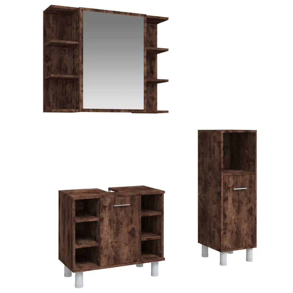 Set Mobili da Bagno 3 pz Rovere Fumo in Legno Multistrato