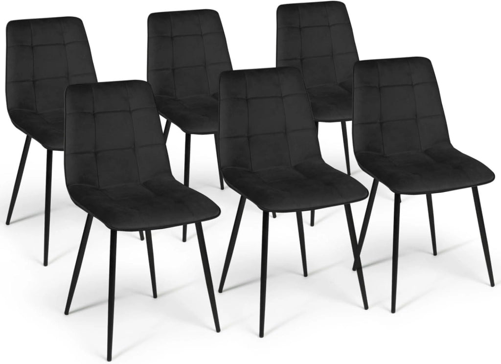 Tavolo da Pranzo Rotondo allungabile Dona Nero con Piano Effetto faggio 110-150 cm e 6 sedie Mila in Velluto Nero