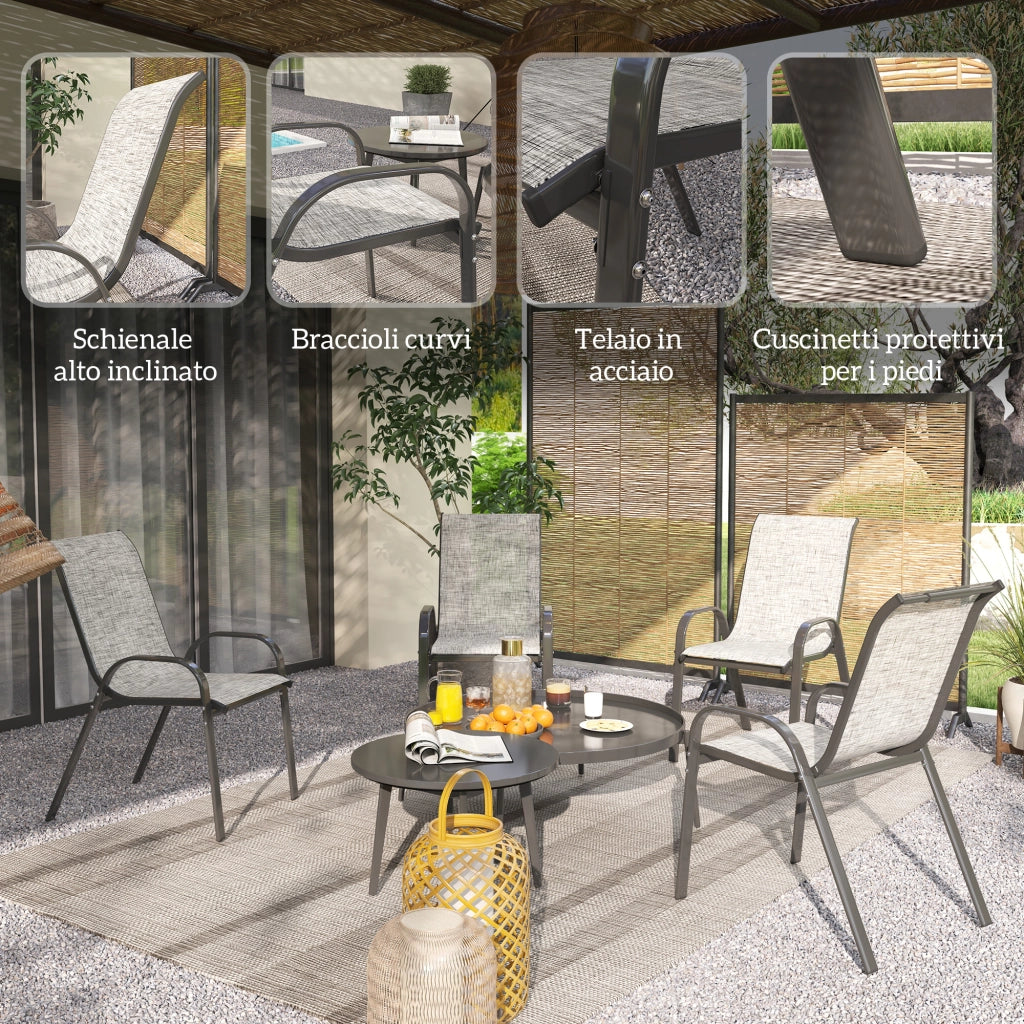 Set 4 Sedie da Giardino Impilabili con Braccioli Curvi, in Acciaio e Tessuto Traspirante, 54x71x93 cm, Grigio