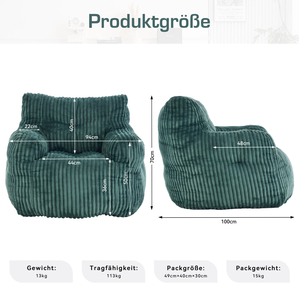 Sitzsack morbido in velluto a coste verde con imbottitura in schiuma memory