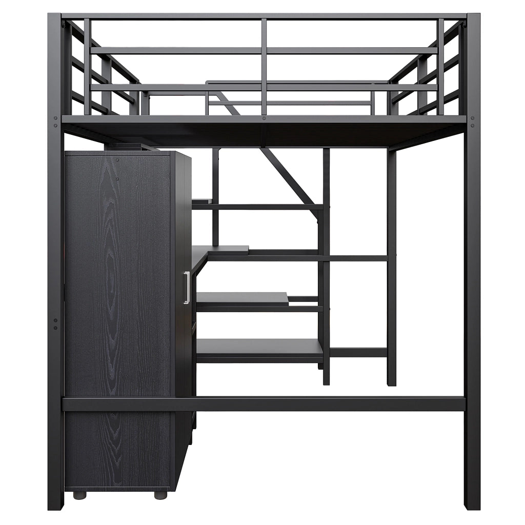 Letto a soppalco 140×200 cm con scrivania, armadio, ripiani e scala contenitore, senza materasso, nero