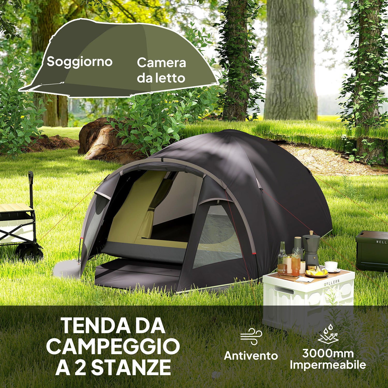 Tenda a Tunnel Impermeabile 330x190x120 cm per 2-4 Persone con Finestre Laterali e Gancio Nero