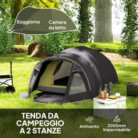 Tenda a Tunnel Impermeabile 330x190x120 cm per 2-4 Persone con Finestre Laterali e Gancio Nero