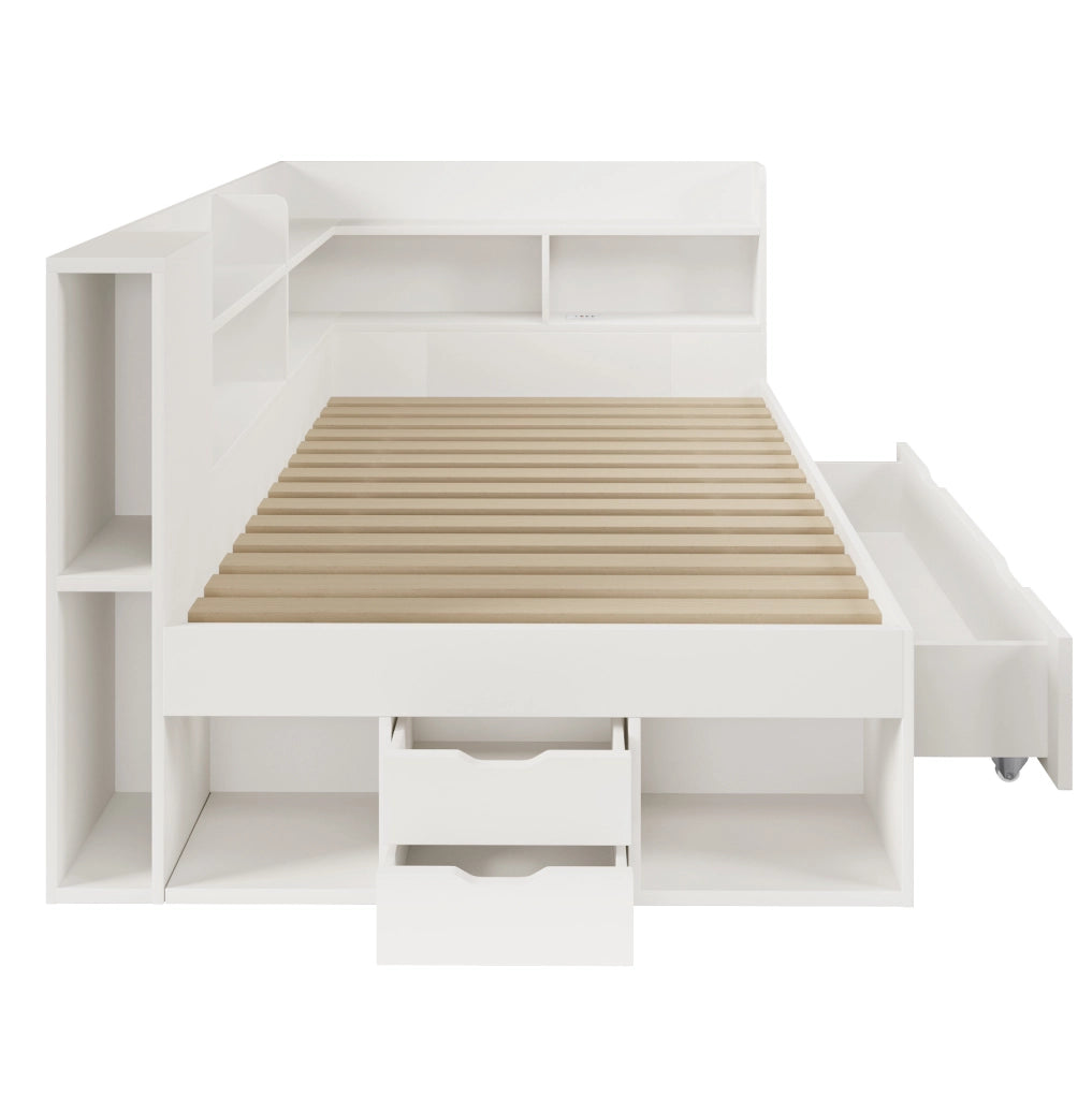 Letto da giorno ULEVR 90x200 cm con materasso, LED, USB e Type-C, cassetti e ripiani, bianco