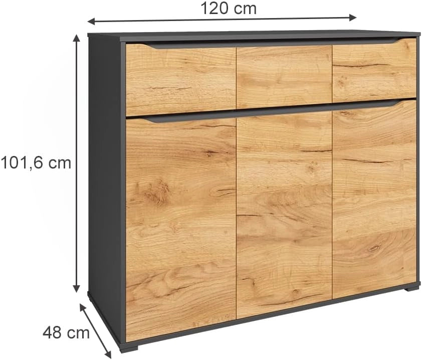 Credenza Ruben, Quercia dorata, 48 x 101.6 cm con cassetti, per riporre abiti e oggetti di uso quotidiano