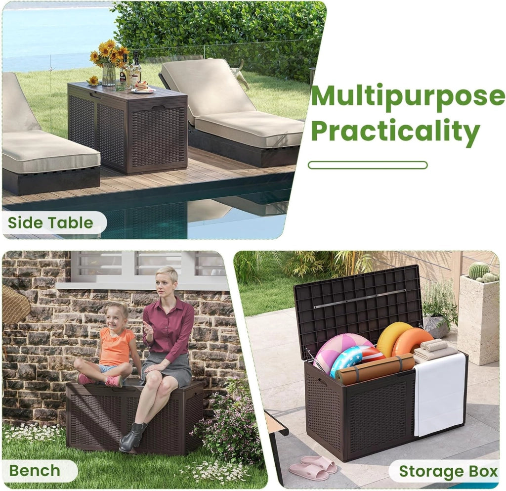 Scatola da giardino da 380 l, impermeabile, con coperchio e 2 ruote, per balcone, terrazza e cortile, 111 x 56 x 61 cm (marrone)