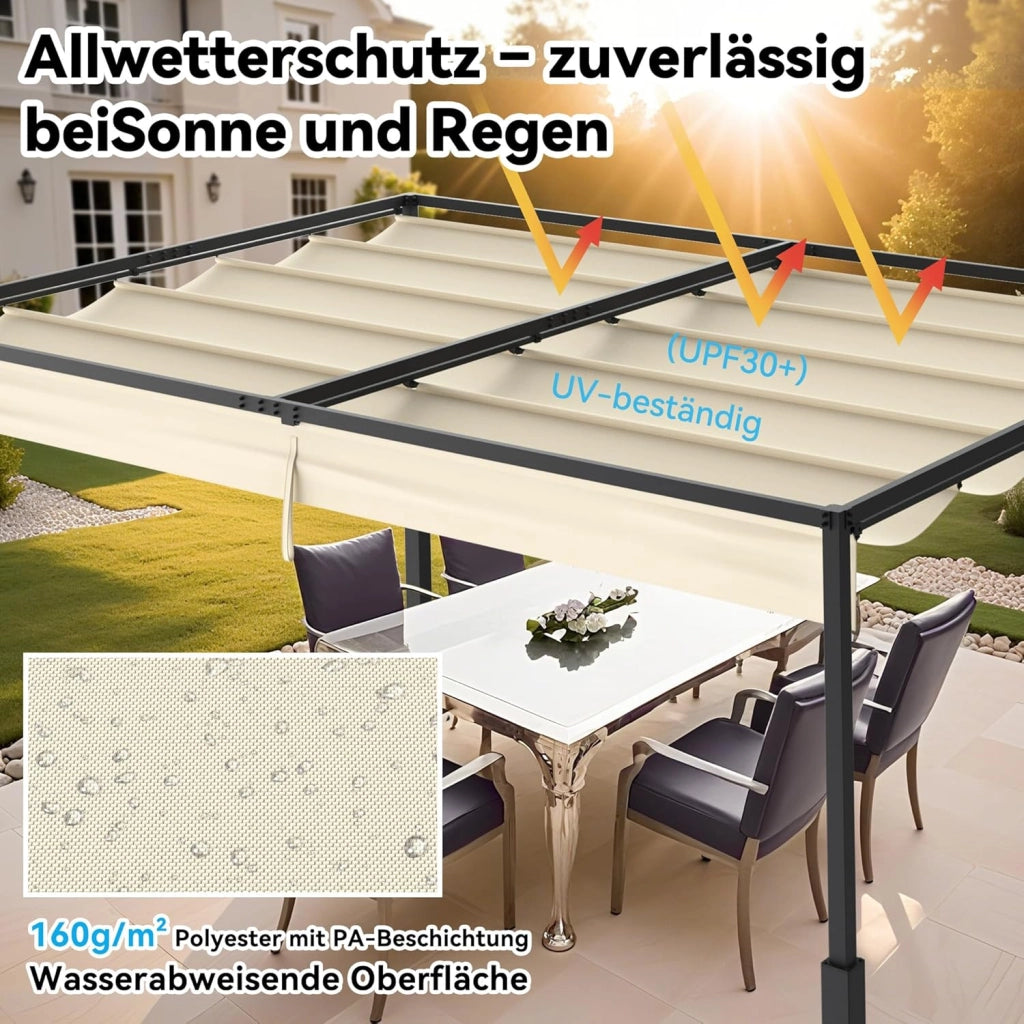 Pergola, 3 x 4 m, baldacchino, impermeabile, stabile, invernale, gazebo da giardino con zone di ombra regolabili, protezione solare per giardino, terrazza e balcone, beige