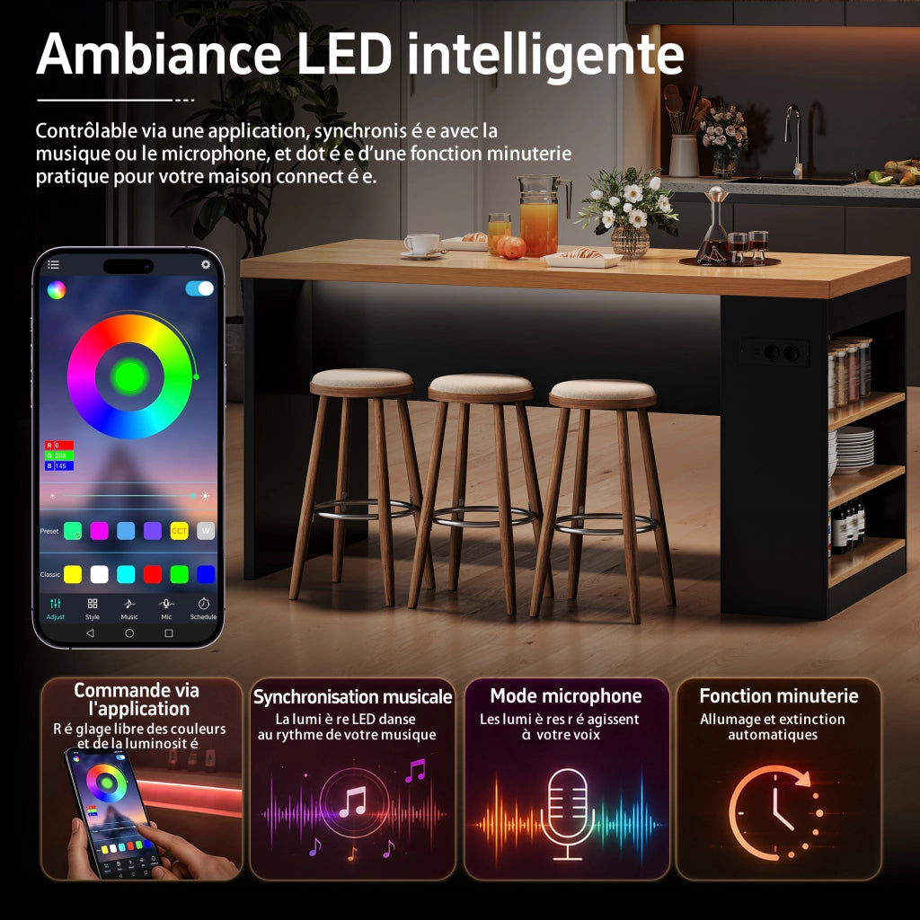 Isola da cucina con 3 vani aperti; LED; prese e porte USB per cucina e sala da pranzo; 155 × 80 × 90 cm