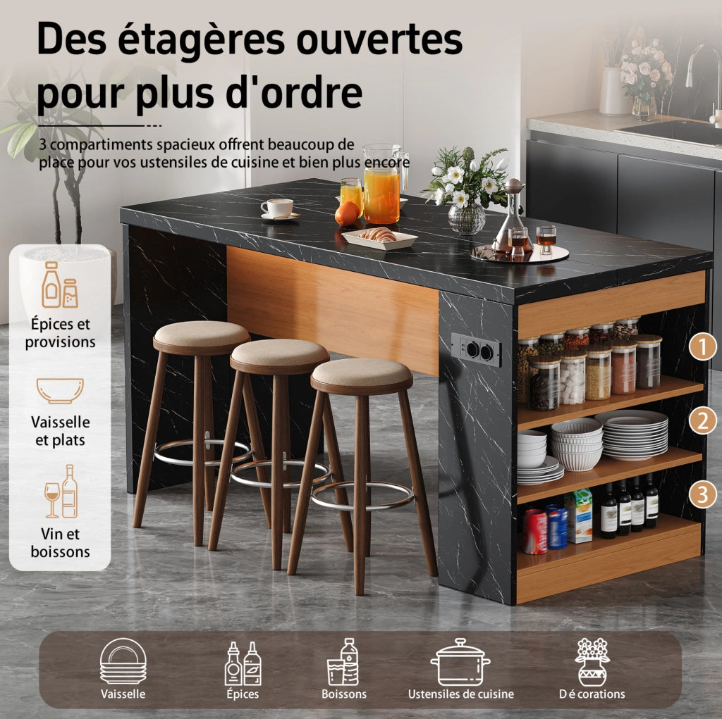 Isola cucina 155x80x90 cm con LED; prese AC e USB; 3 ripiani aperti in MDF; nero e naturale