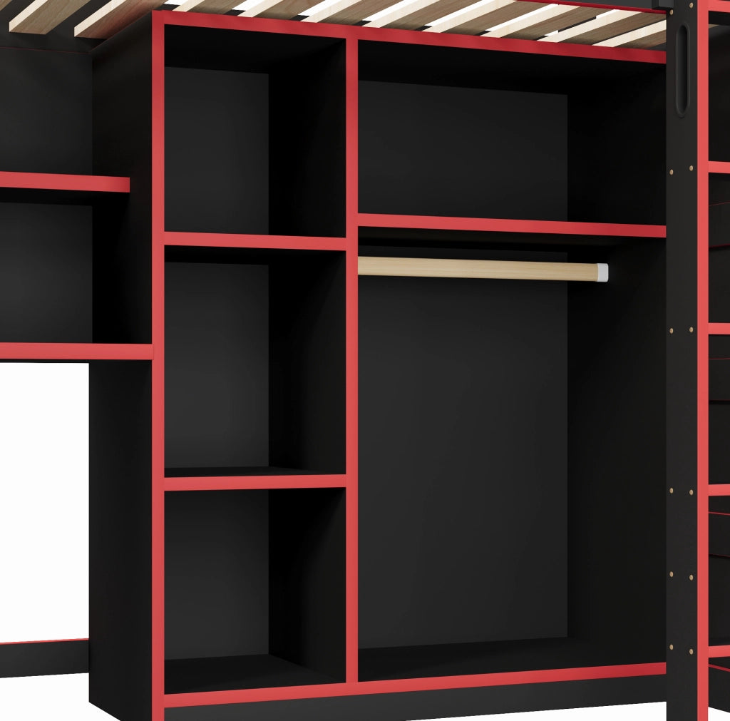 Letto a castello gaming in legno 90x200 cm con scrivania, armadio, LED e porta USB, nero e rosso