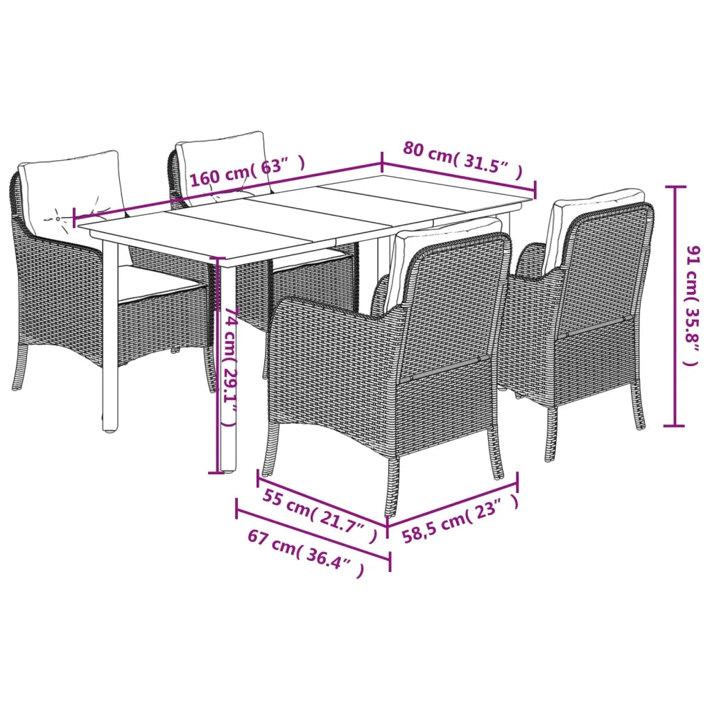 Set da Pranzo da Giardino 5 pz con Cuscini Beige in Polyrattan 3211986