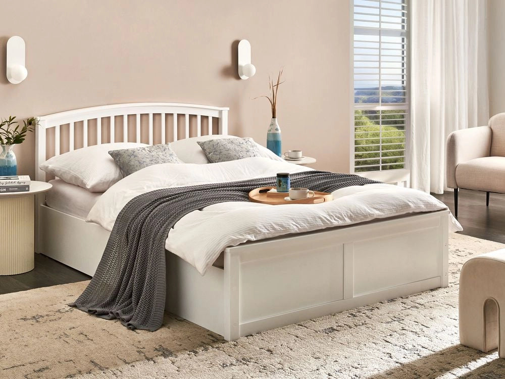 Letto matrimoniale in legno di pino con contenitore bianco con rete sollevabile 140 x 200 cm