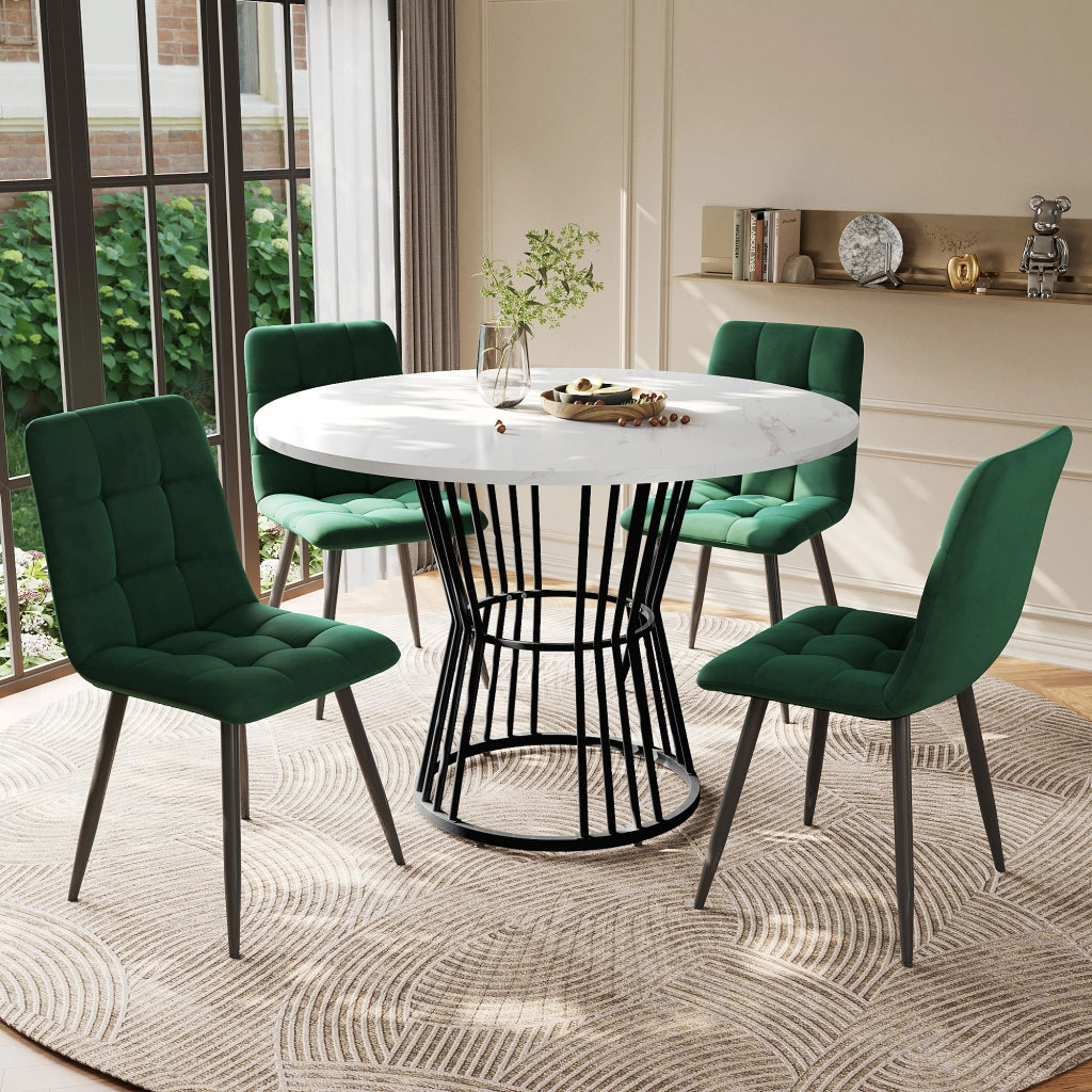 Tavolo da Pranzo Rotondo con 4 Sedie ¨C MINIMAL ¨C Piano Bianco MDF, Gambe Metallo Nero, Velluto Verde, 100cm