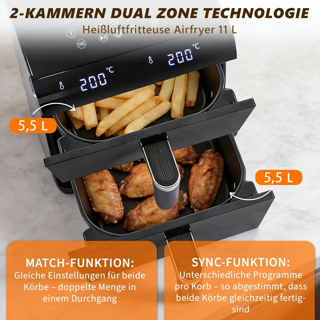 ZMH Friggitrice ad aria da 11L 2 scomparti friggitrice ad aria a doppia zona 13 in 1 2800W con touchscreen e timer