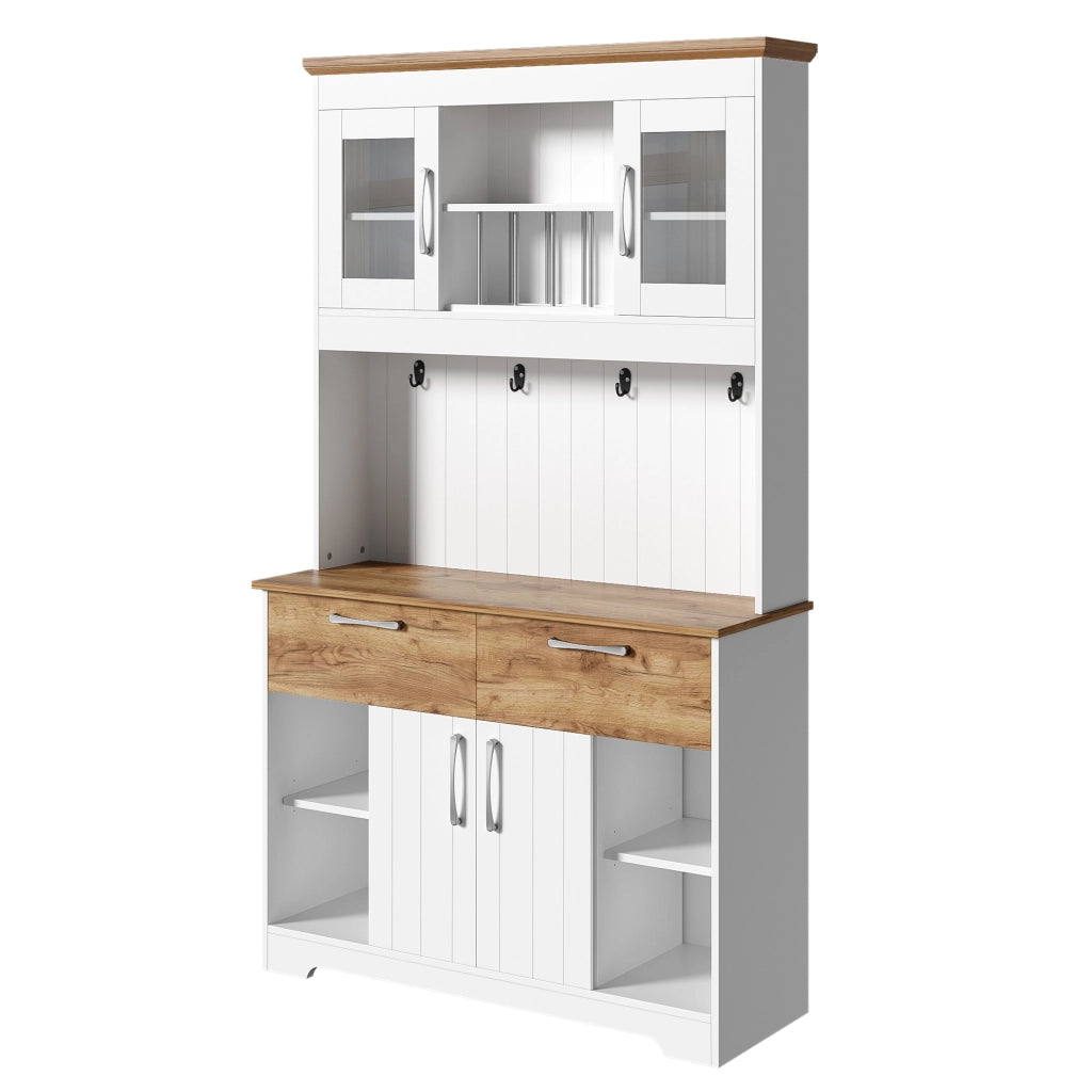 Credenza cucina con vetrina, 2 cassetti e ganci, bianco e naturale, 106x39x176,5 cm