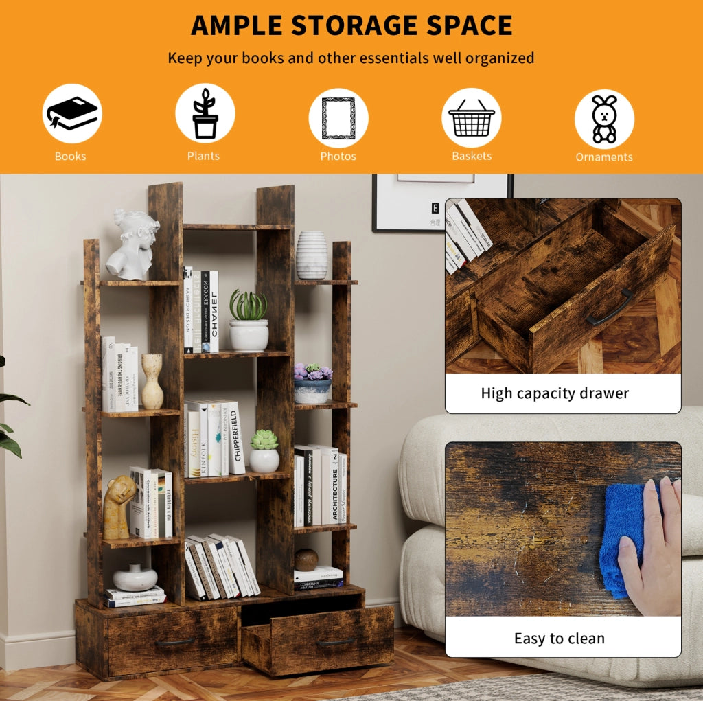 Libreria ULEVR ad albero 86x25x141 cm con 12 ripiani aperti e 2 cassetti, marrone rustico