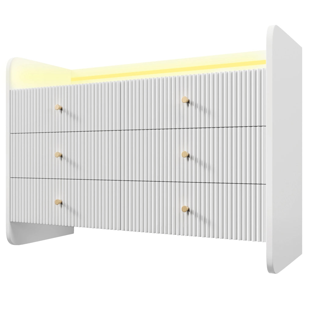 Credenza 120x40x75 cm con LED; 6 cassetti e vano aperto; pannello truciolare bianco
