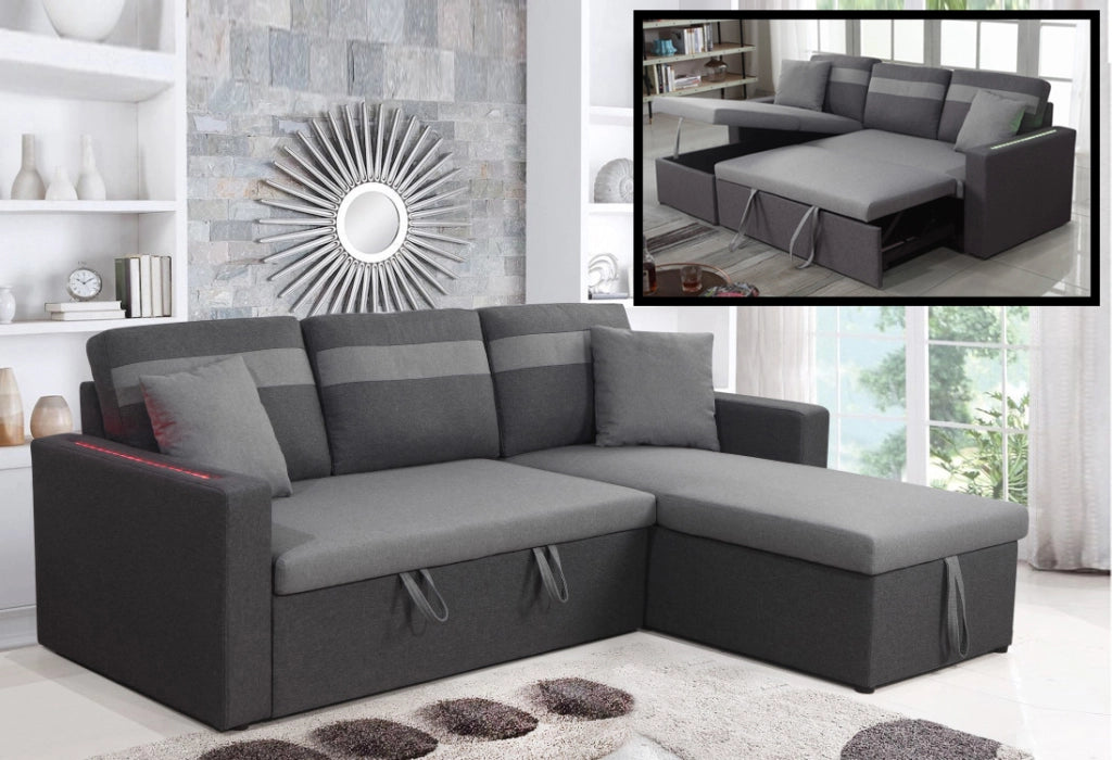 Divano letto contenitore, reversibile angolare, led, microfibra grigio chaise longue Sicorage Tuky