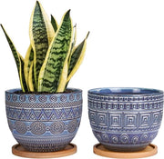 Retro ciotola ceramica azzurra per piante geometrica per piante grasse - set da 2