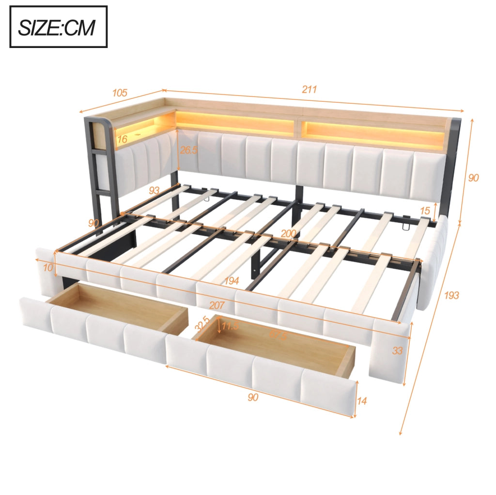 Divano letto imbottito con letto estraibile 90x200 cm; contenitore; LED; USB; beige