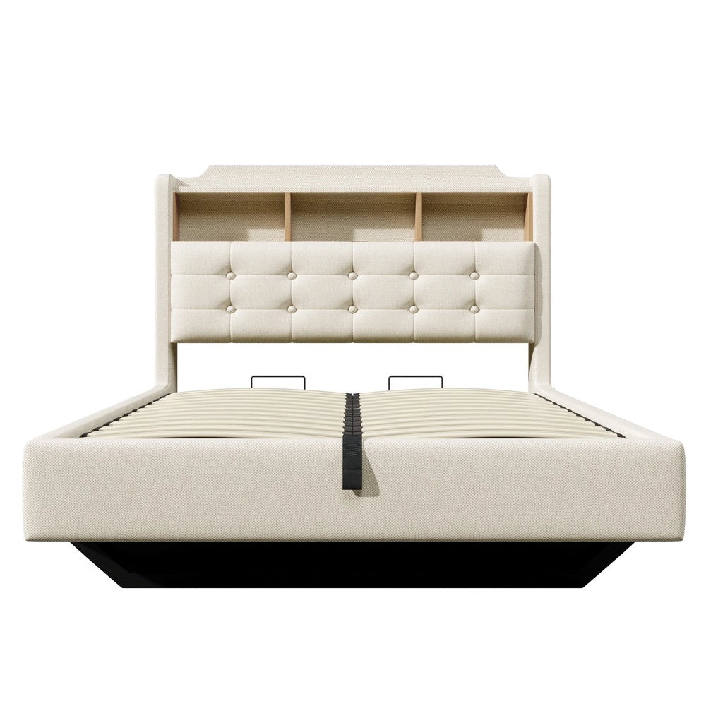Letto Imbottito con Contenitore Idraulico LED ¨C MINIMAL ¨C Tessuto Beige 140x200