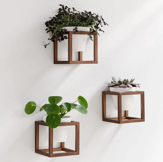 Set di vasi a muro per piante - 2 pezzi - marrone di noce - legno e ceramica