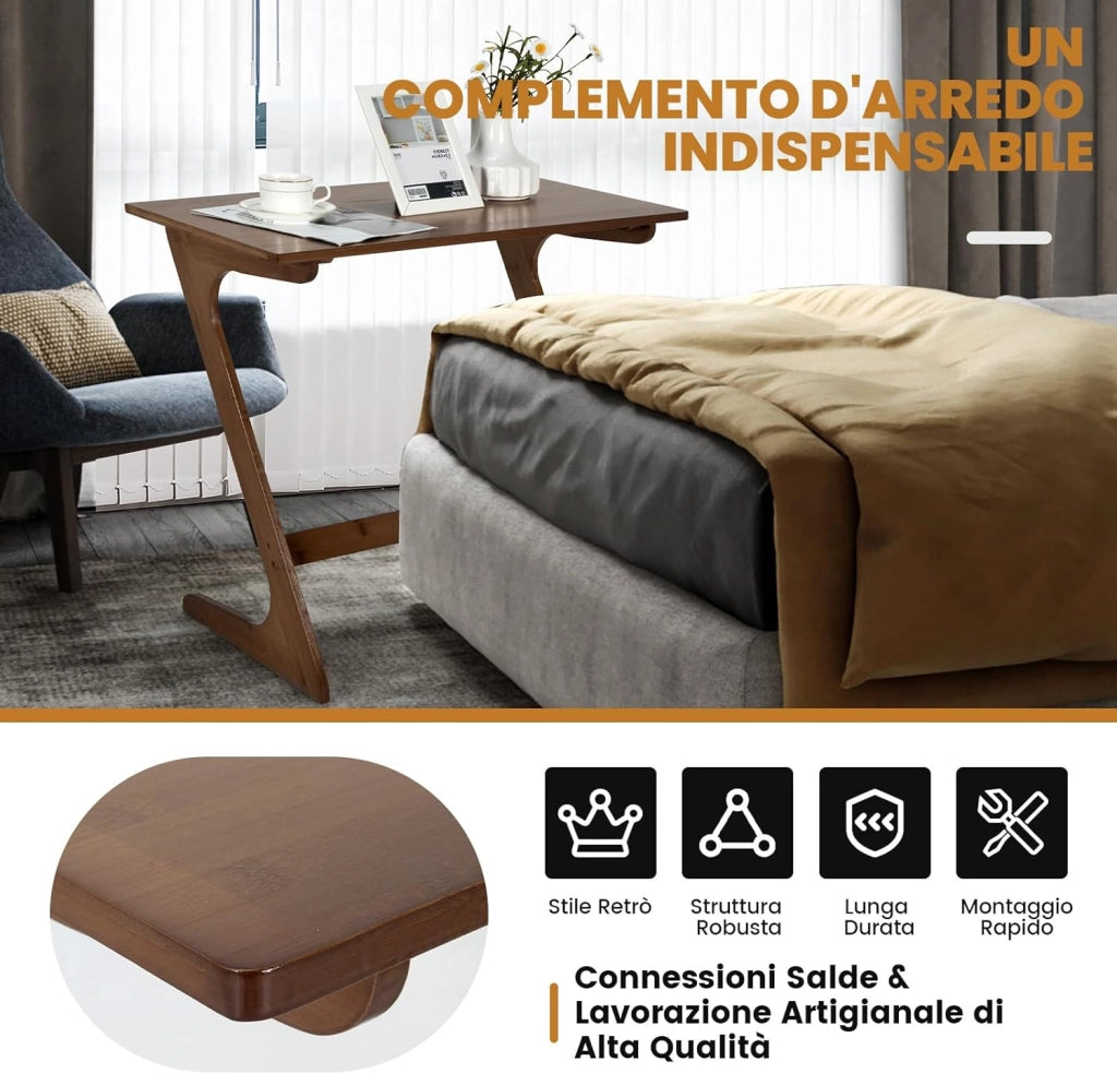 Tavolino Laterale, Tavolino da Divano e Letto in Bambù con Ampio Piano per Laptop, Struttura Stabile, Design Salvaspazio per Camera da Letto, Soggiorno, Studio, 75 x 40 x 70 cm (Marrone)