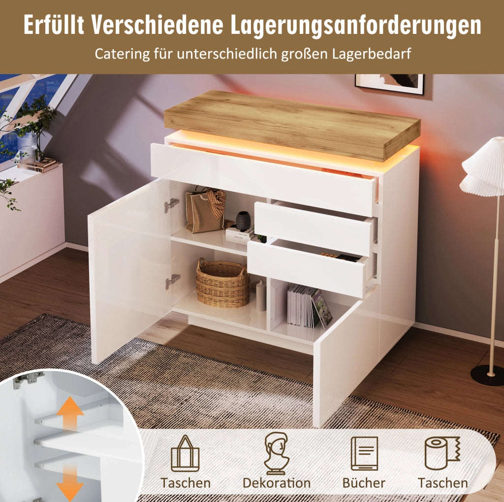 Credenza lucida con LED e ripiani regolabili; 110x39x115 cm; bianca